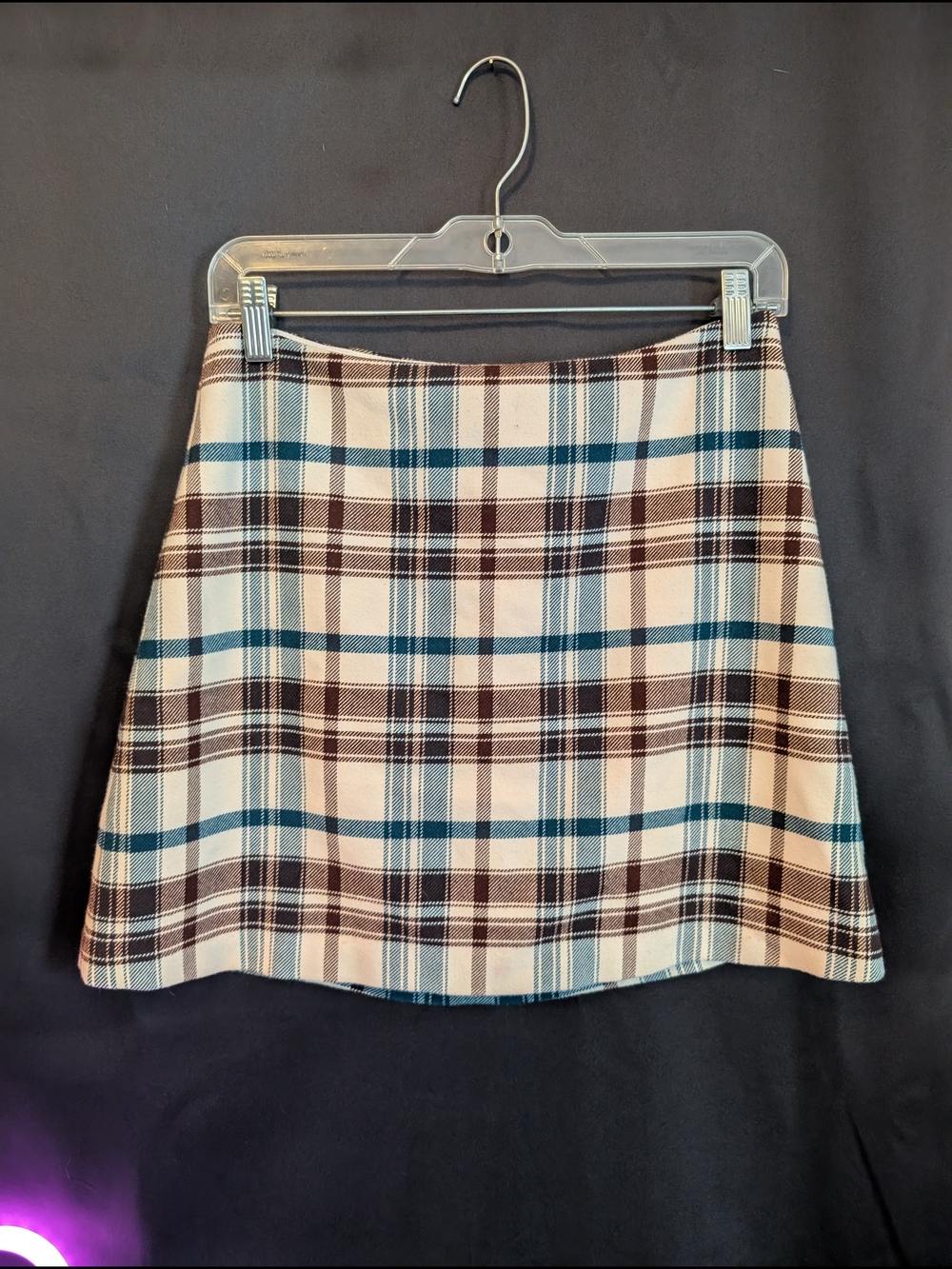 Wilfred Plaid Mini Skirt in Cream, Teal & Brown Two Small Pink Stains Collegiate